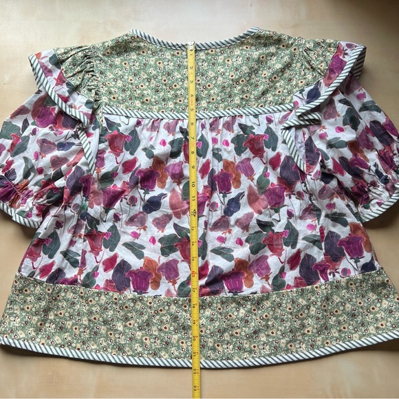 Entro Mixed Floral Stripe Patchwork Ruffle Blouse in Plum/Olive - Picture 7 of 8